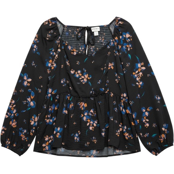 Ava & Viv Tops - Ava & Viv Womens 3X Black Floral Smocked Back Babydoll Long Sleeve Blouse Top